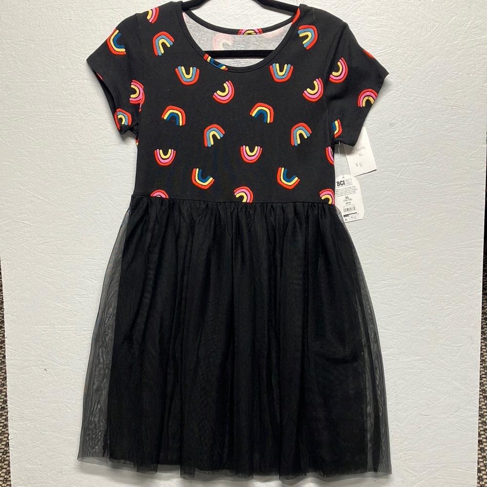 Girls' Rainbow Print Dress with Tulle Skirt